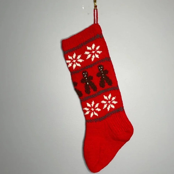 HANDKNIT Wool Christmas Stocking Red Gingerbread Men Snowflakes Large Capacity - Picture 5 of 5
